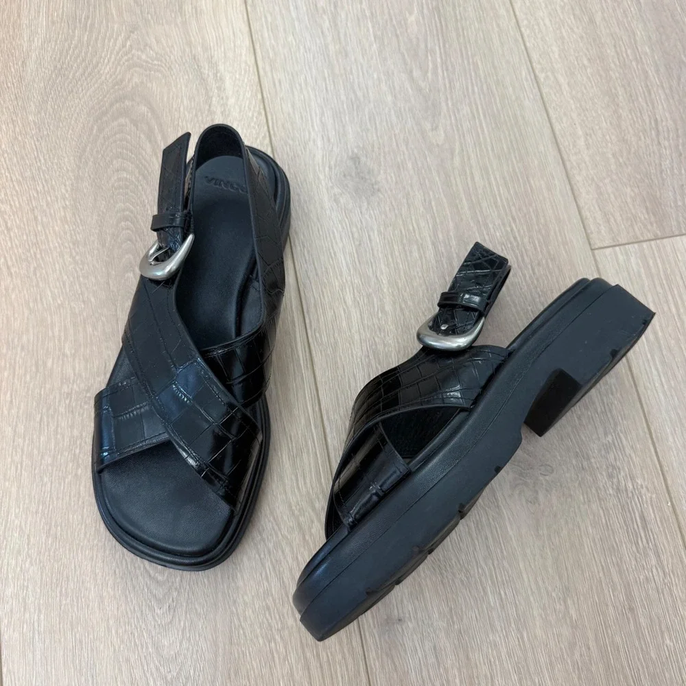 TT Vince Black Croc Embossed Leather Platform Slingback Sandals Buckle US 6.5